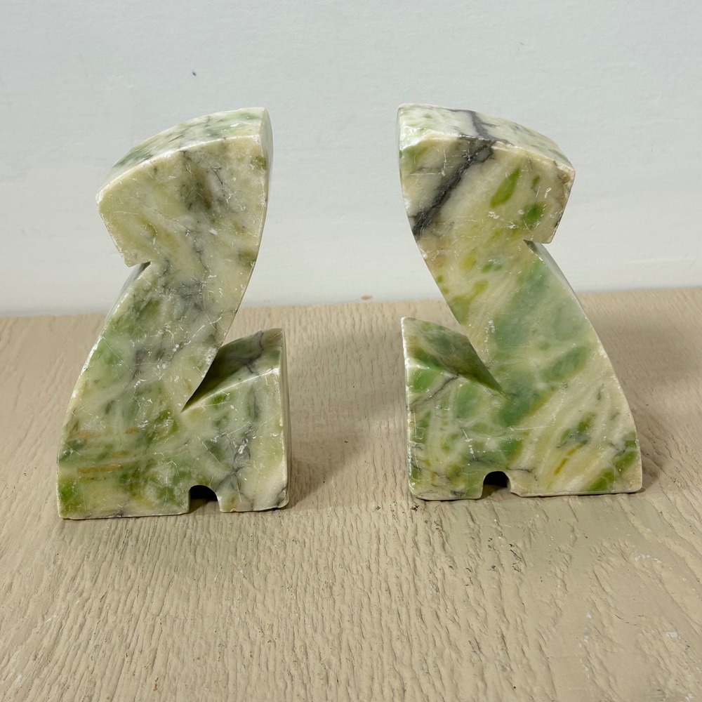 Vintage Green Marble Bookends Abstract Geometric Sculptural Heavy Stone Pair